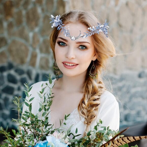 Handmade Bridal Moon Crown Silver Flowers Pearl Headband for Weddings Events main image 8
